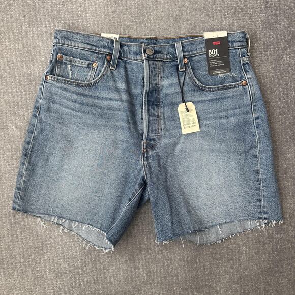 Levis 501 Shorts Womens 34 Blue Button Fly Raw Hem High Rise Relaxed Fit Denim - Picture 1 of 12